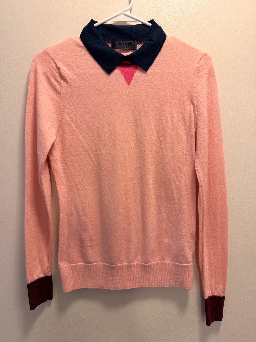 G/FORE Pink Wool/Cashmere Crewneck Sweater with Navy Collar and Burgundy Cuffs M